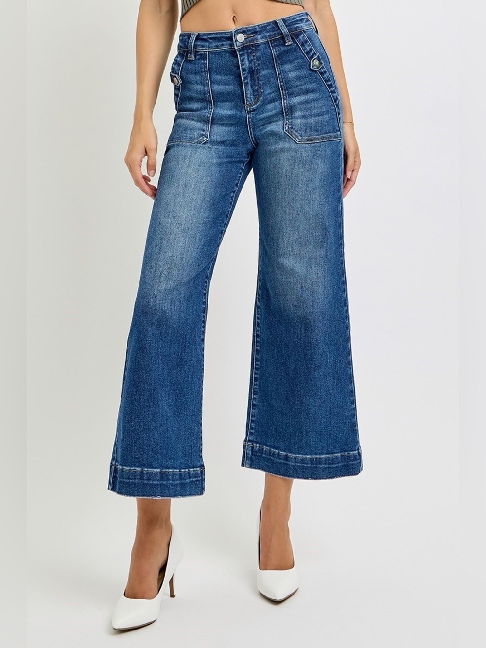 RDP5855 DARK Risen High Rise Ankle Wide Leg Patch Front Pocket Jeans